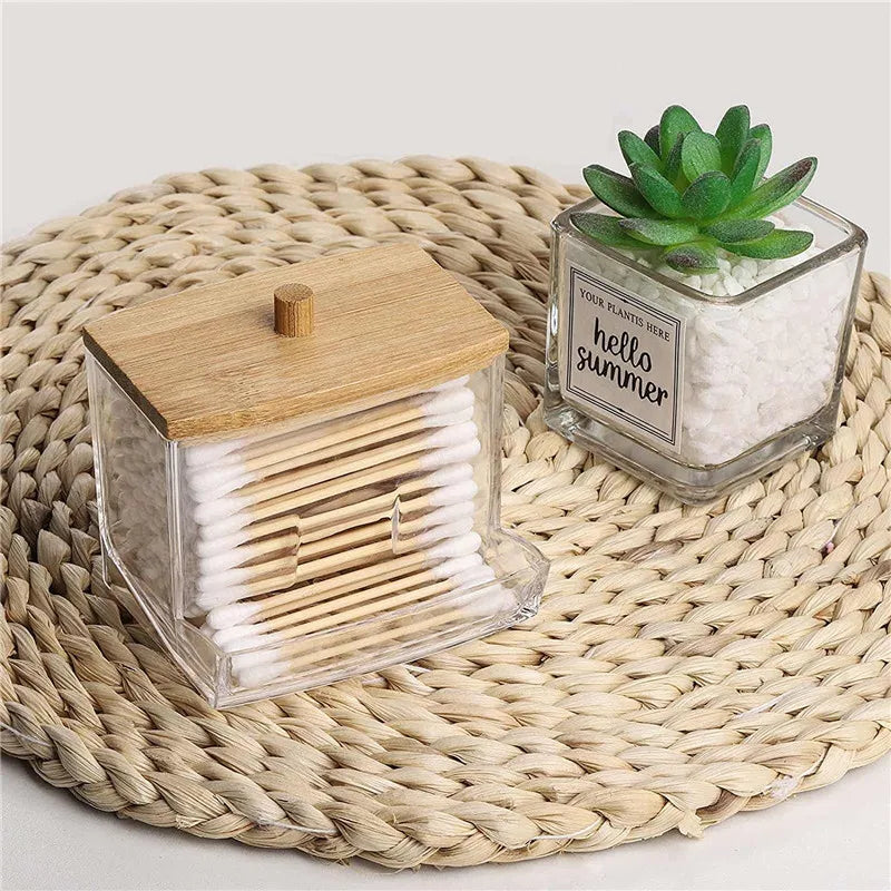 Bamboo Lid Cotton Pad & Swab Storage Box
