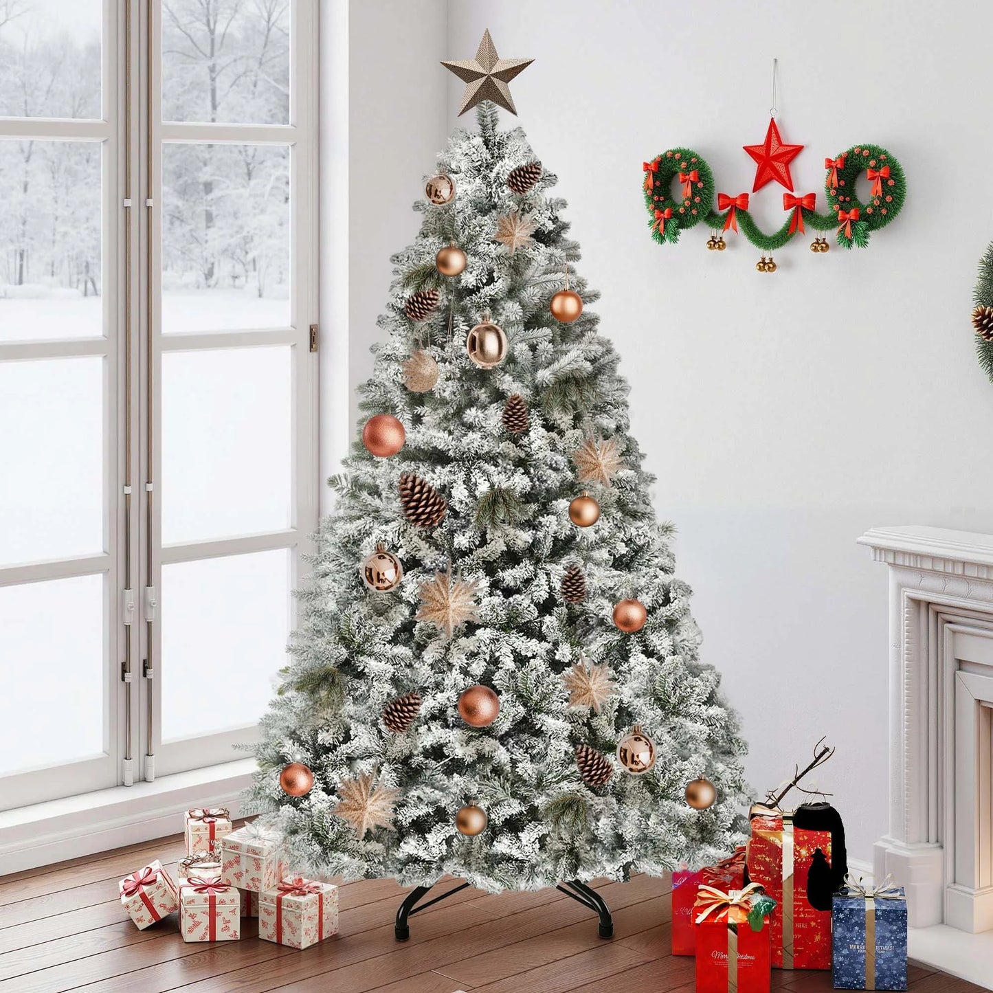 Balconera 6ft Pre-Lit Snow Flocked Christmas Tree - 800 Tips & 250 Lights with 8 Modes, Foldable Base