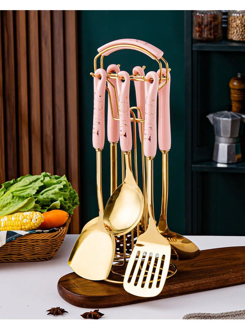 7pcs stainless steel spatula soup spoon kitchenware set cooking spatula kitchen supplies ceramic handle Nordic kitchen tools