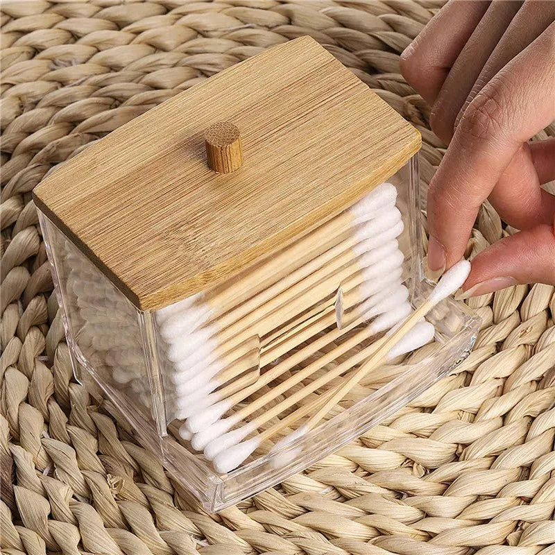 Bamboo Lid Cotton Pad & Swab Storage Box