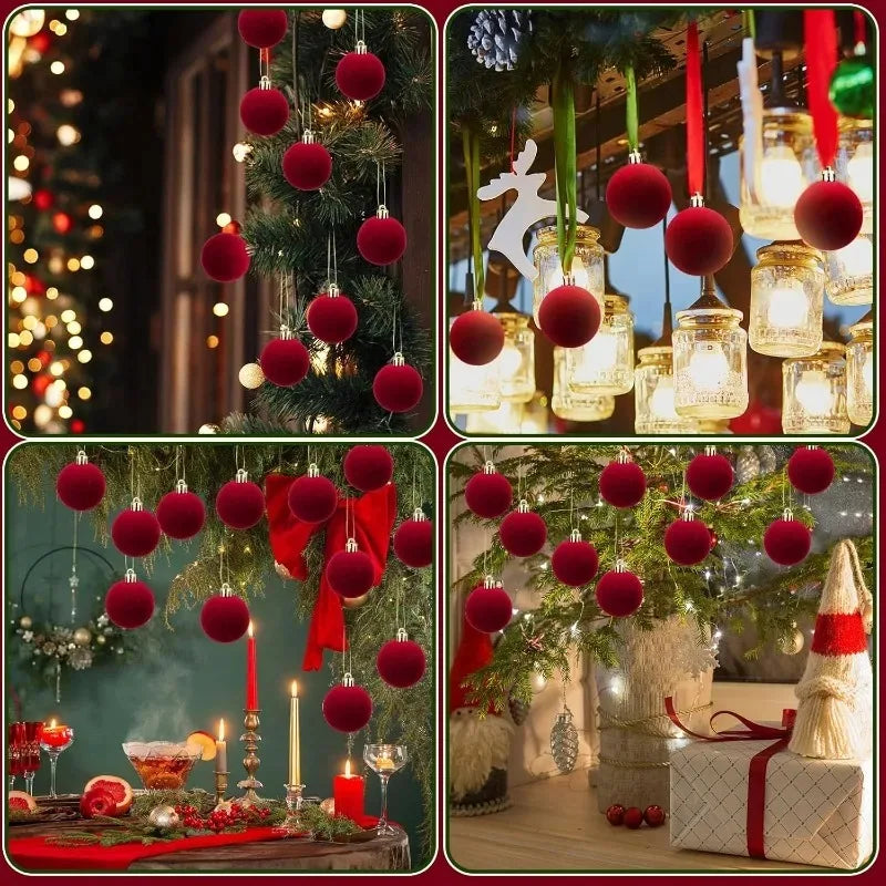 30/1Pcs Wine Red Flocked Xmas Balls Christmas Tree Ornaments Hanging Pendents Velvet Ball Festival Party Home Decor Supplies