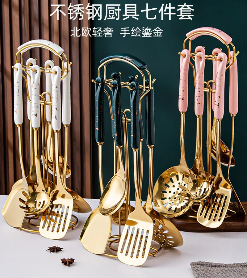 7pcs stainless steel spatula soup spoon kitchenware set cooking spatula kitchen supplies ceramic handle Nordic kitchen tools