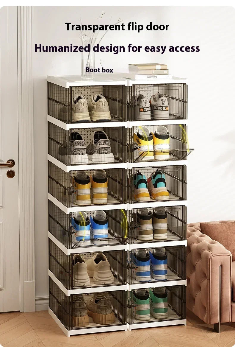 Dustproof 6 Layers Foldable Shoes Box Stackable Transparent Thickened Plastic Bins Sneaker Shoe Organizer Cabinet Organizers