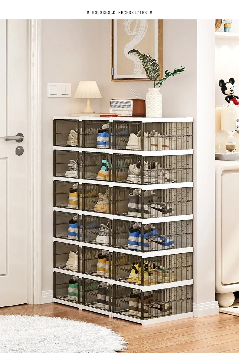 Dustproof 6 Layers Foldable Shoes Box Stackable Transparent Thickened Plastic Bins Sneaker Shoe Organizer Cabinet Organizers