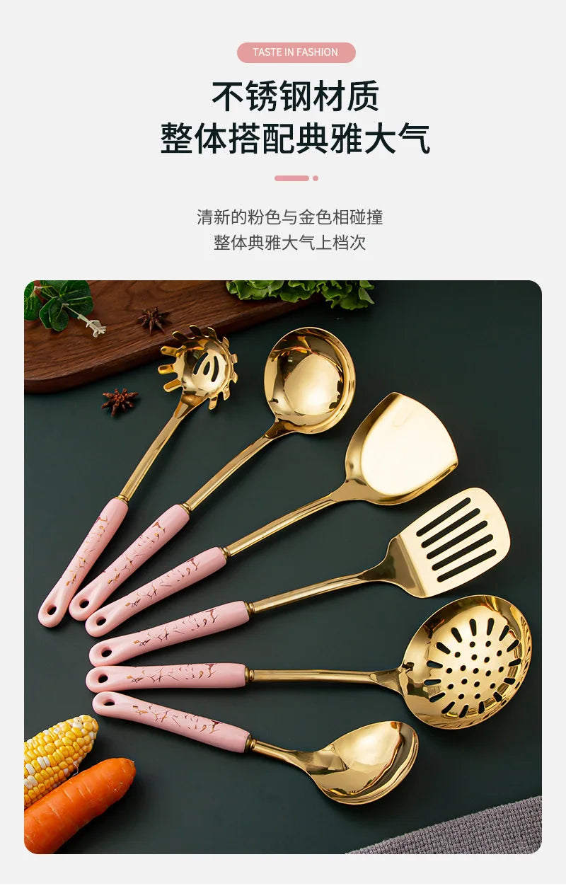 7pcs stainless steel spatula soup spoon kitchenware set cooking spatula kitchen supplies ceramic handle Nordic kitchen tools