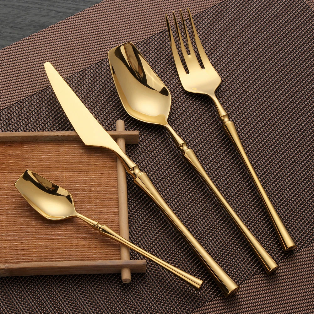 6/16/24Pcs Gold Tableware Stainless Steel 304 Cutlery Matte Dinner Set Western Knife Fork Spoon Mirror Elegant Flatware