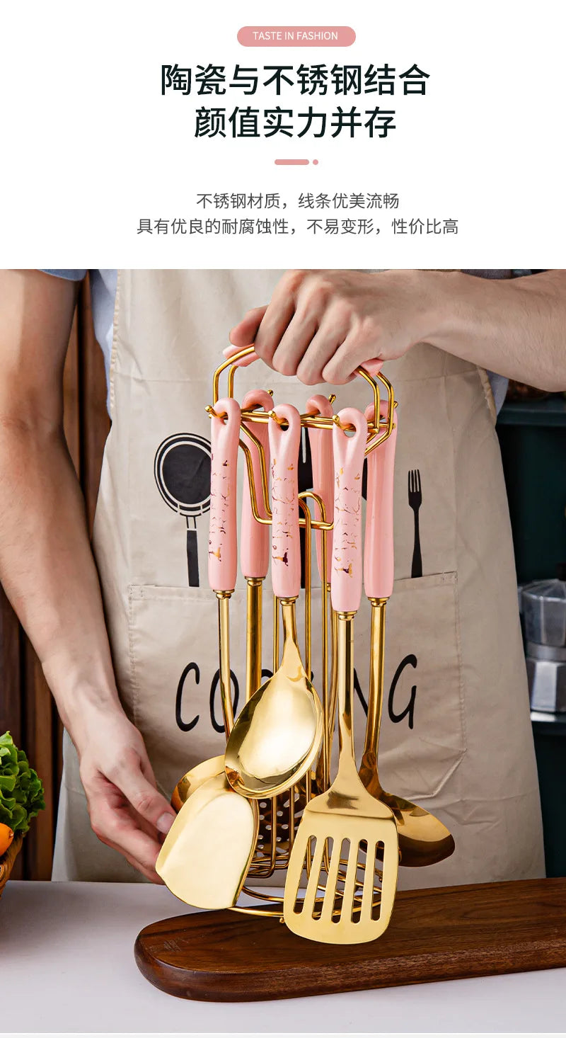 7pcs stainless steel spatula soup spoon kitchenware set cooking spatula kitchen supplies ceramic handle Nordic kitchen tools