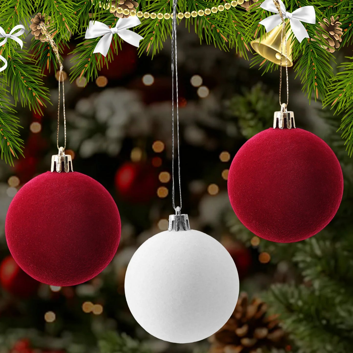 30/1Pcs Wine Red Flocked Xmas Balls Christmas Tree Ornaments Hanging Pendents Velvet Ball Festival Party Home Decor Supplies