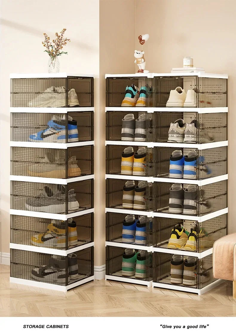 Dustproof 6 Layers Foldable Shoes Box Stackable Transparent Thickened Plastic Bins Sneaker Shoe Organizer Cabinet Organizers