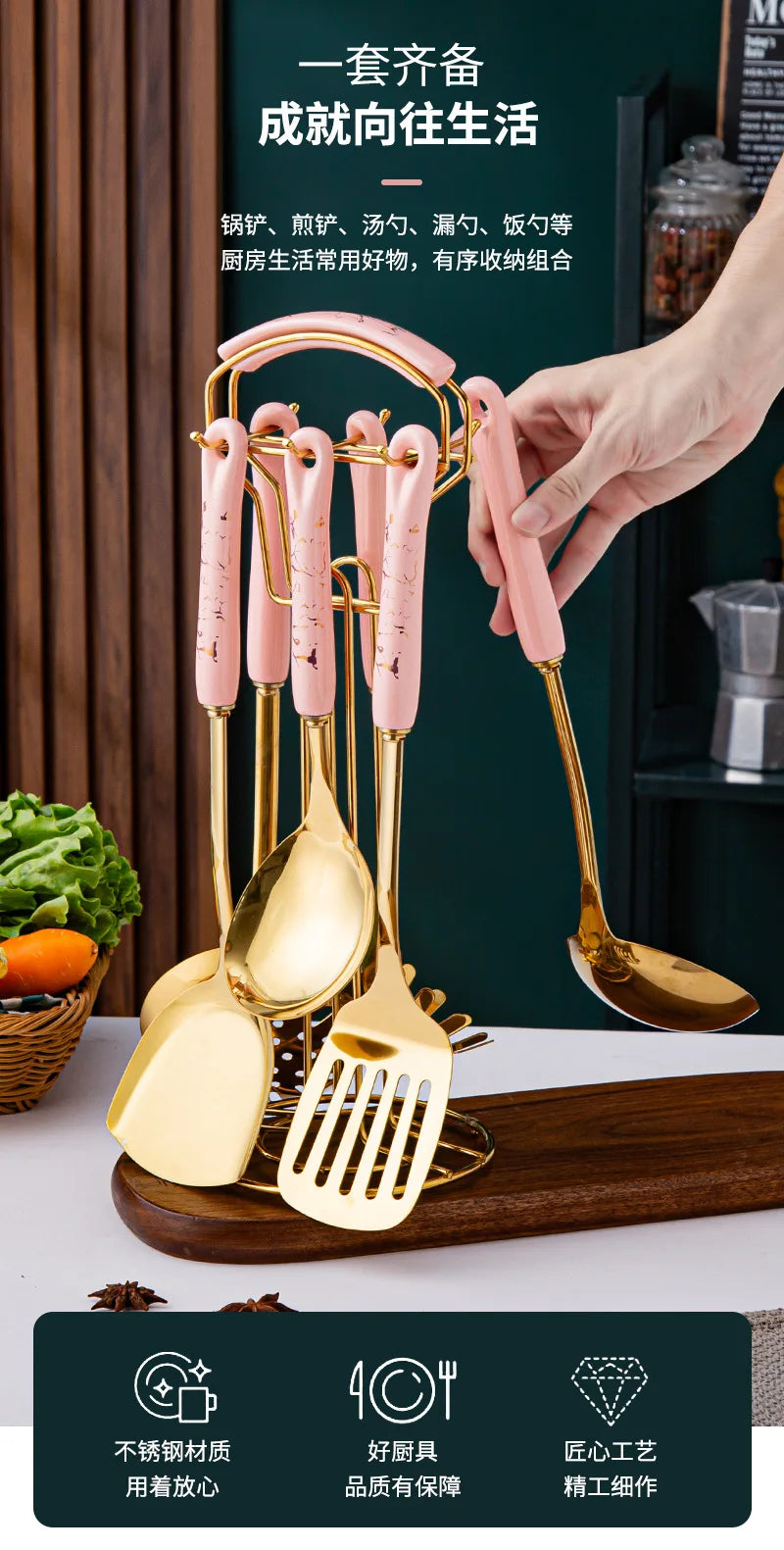 7pcs stainless steel spatula soup spoon kitchenware set cooking spatula kitchen supplies ceramic handle Nordic kitchen tools