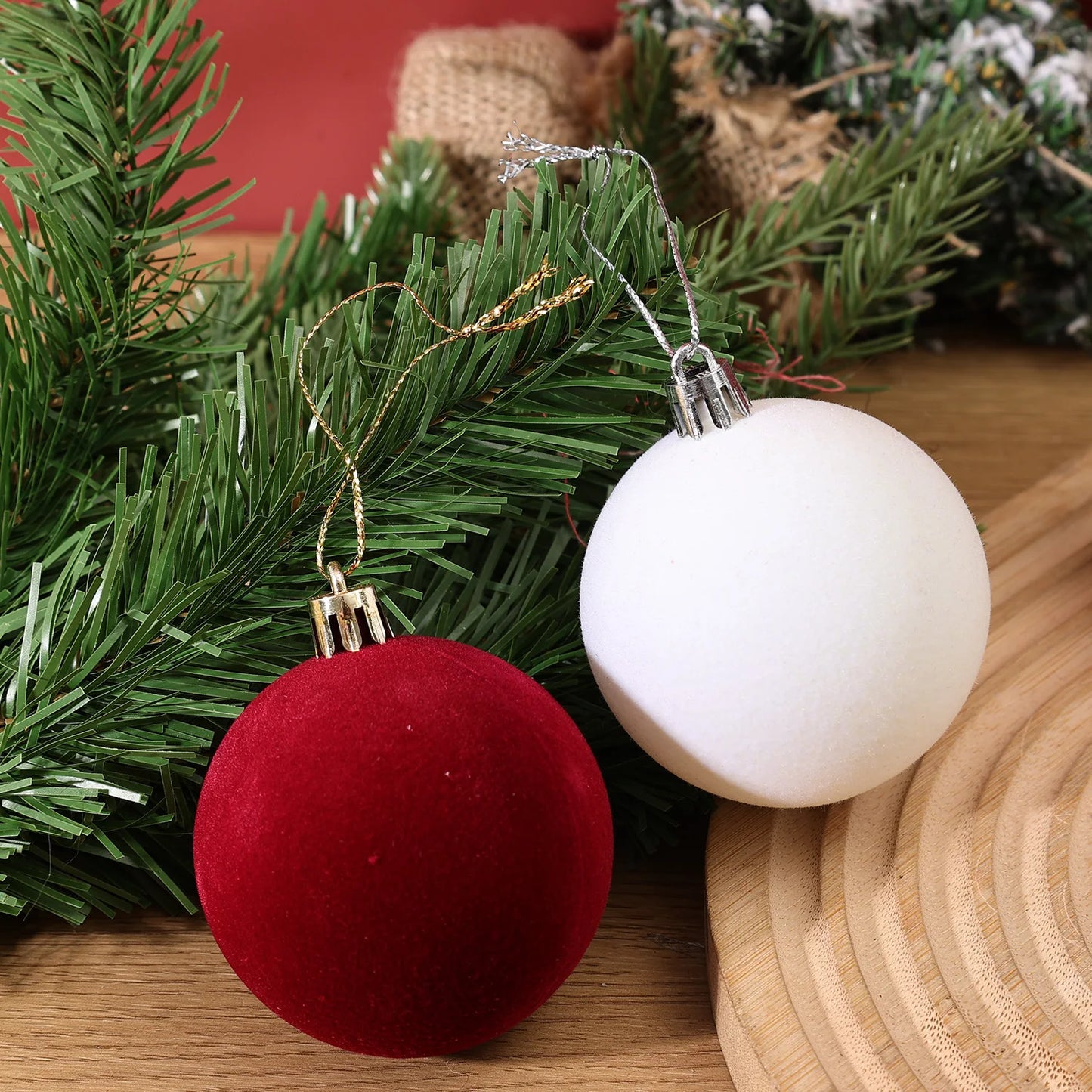30/1Pcs Wine Red Flocked Xmas Balls Christmas Tree Ornaments Hanging Pendents Velvet Ball Festival Party Home Decor Supplies