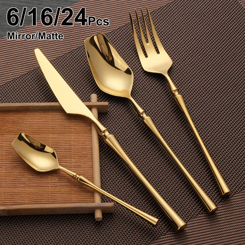 6/16/24Pcs Gold Tableware Stainless Steel 304 Cutlery Matte Dinner Set Western Knife Fork Spoon Mirror Elegant Flatware