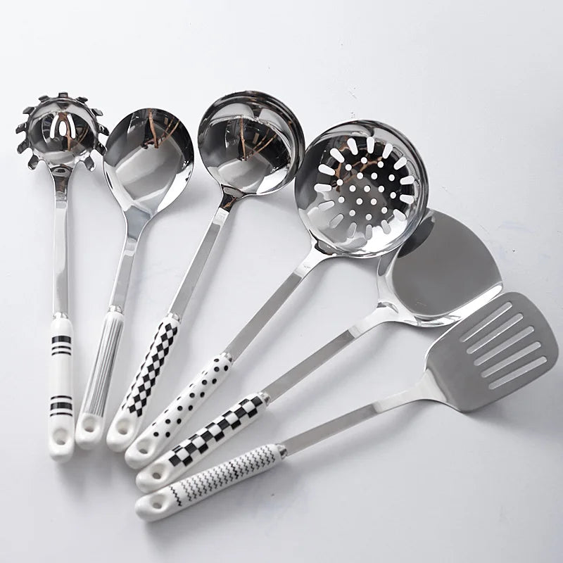 7pcs stainless steel spatula soup spoon kitchenware set cooking spatula kitchen supplies ceramic handle Nordic kitchen tools