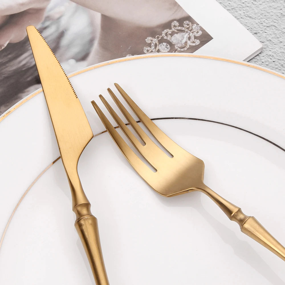6/16/24Pcs Gold Tableware Stainless Steel 304 Cutlery Matte Dinner Set Western Knife Fork Spoon Mirror Elegant Flatware