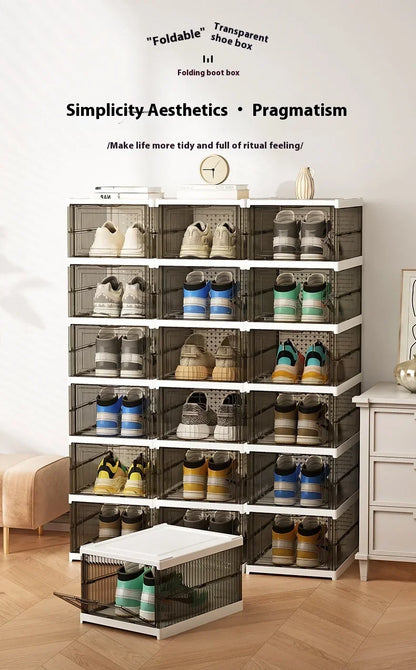 Dustproof 6 Layers Foldable Shoes Box Stackable Transparent Thickened Plastic Bins Sneaker Shoe Organizer Cabinet Organizers