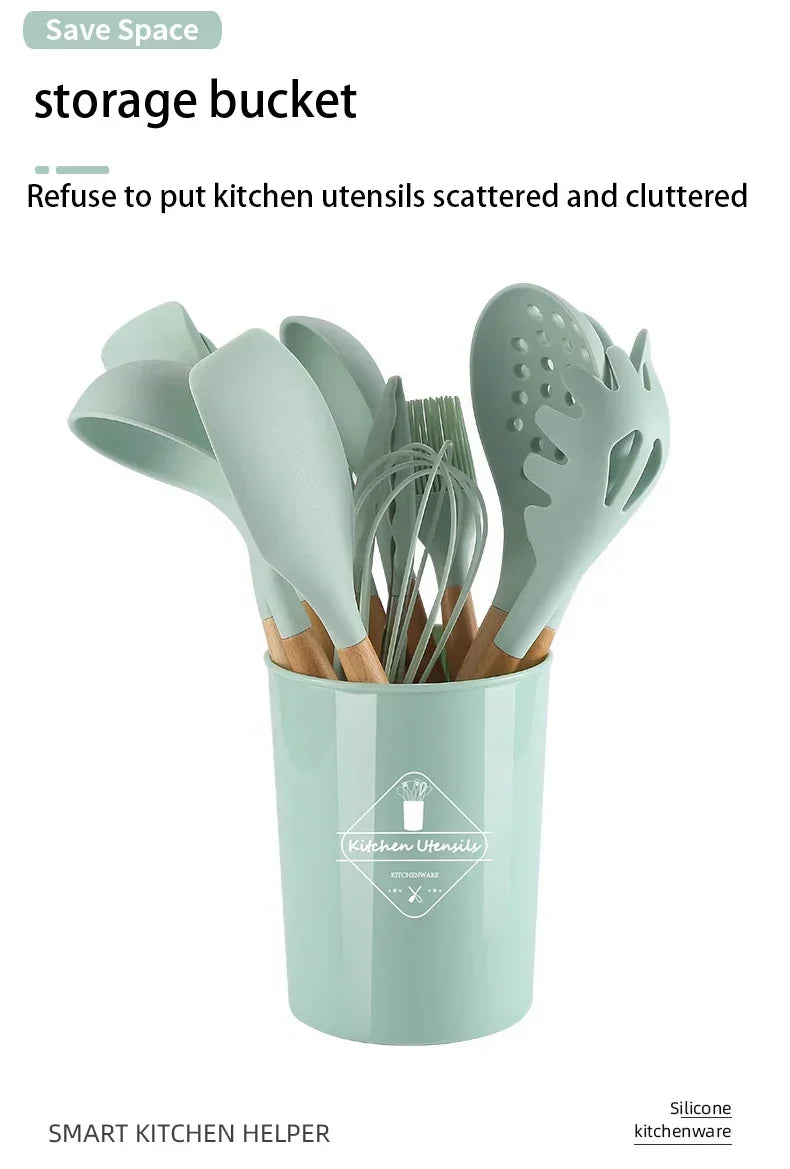 12pcs Set of Multi-color Silicone Wooden Handle Kitchenware Set Non Stick Pot Spatula and Spoon Cooking Utensils, Heat-resistant