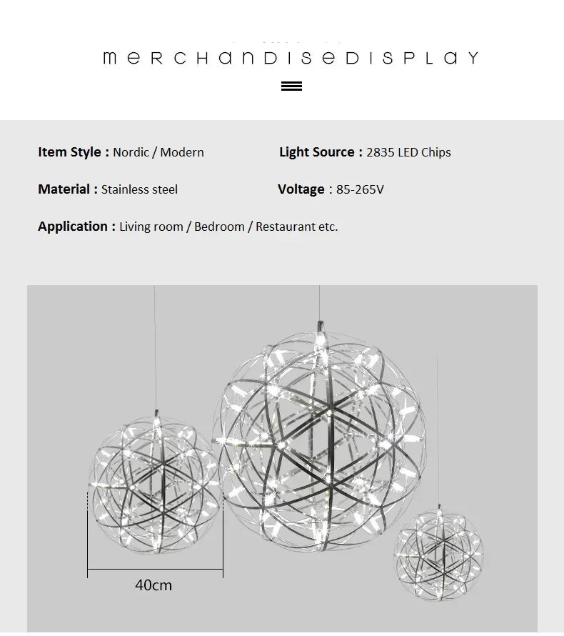 Modern Brief Loft Spark Ball LED Lights Chandelier Fixture Firework Ball Stainless Steel Pendant Lamp Home Deco Lighting 110-240