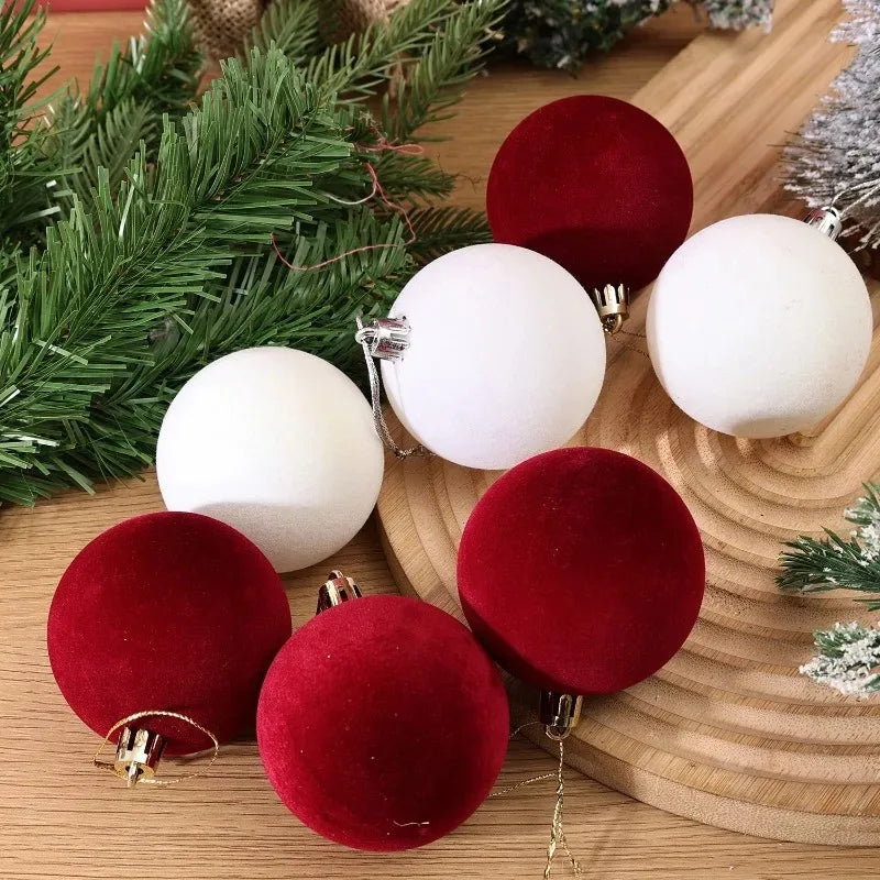 30/1Pcs Wine Red Flocked Xmas Balls Christmas Tree Ornaments Hanging Pendents Velvet Ball Festival Party Home Decor Supplies