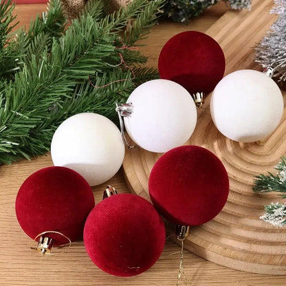 30/1Pcs Wine Red Flocked Xmas Balls Christmas Tree Ornaments Hanging Pendents Velvet Ball Festival Party Home Decor Supplies