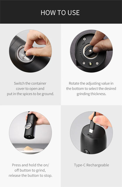USB rechargeable electric pepper grinder with LED light adjustable thickness salt and pepper grinder kitchen cooking tool