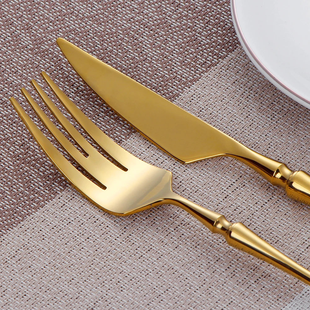 6/16/24Pcs Gold Tableware Stainless Steel 304 Cutlery Matte Dinner Set Western Knife Fork Spoon Mirror Elegant Flatware