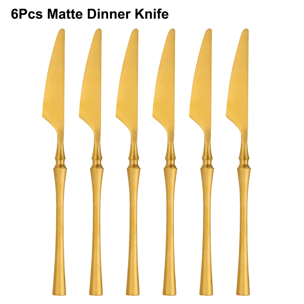 6/16/24Pcs Gold Tableware Stainless Steel 304 Cutlery Matte Dinner Set Western Knife Fork Spoon Mirror Elegant Flatware