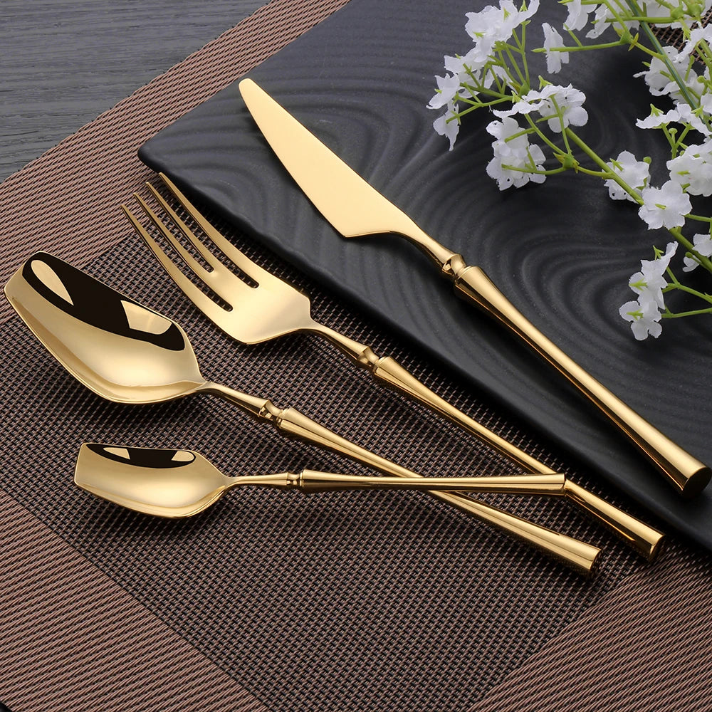 6/16/24Pcs Gold Tableware Stainless Steel 304 Cutlery Matte Dinner Set Western Knife Fork Spoon Mirror Elegant Flatware