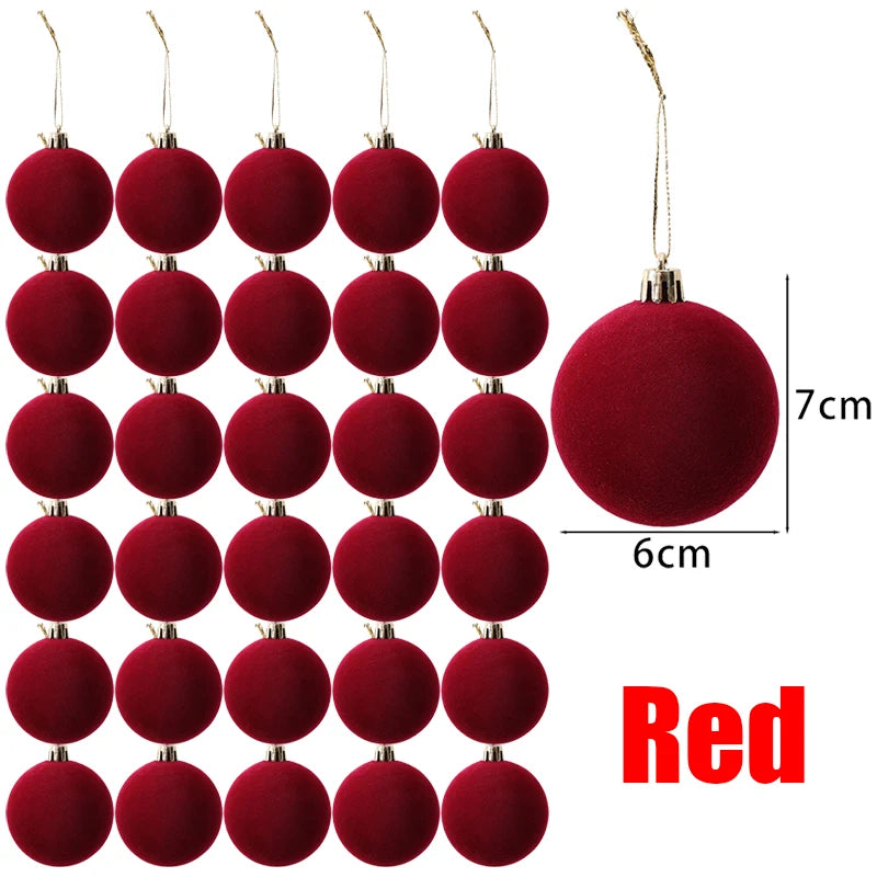 30/1Pcs Wine Red Flocked Xmas Balls Christmas Tree Ornaments Hanging Pendents Velvet Ball Festival Party Home Decor Supplies