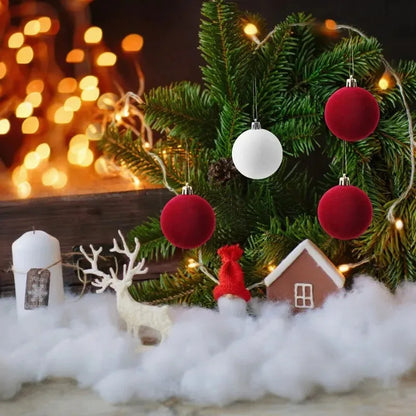 30/1Pcs Wine Red Flocked Xmas Balls Christmas Tree Ornaments Hanging Pendents Velvet Ball Festival Party Home Decor Supplies