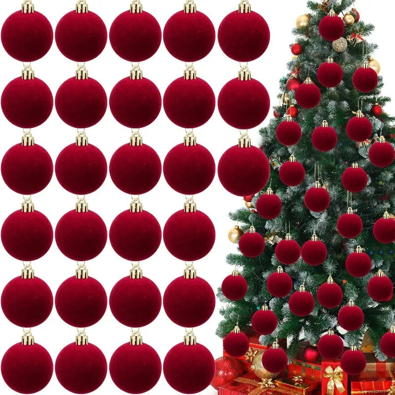 30/1Pcs Wine Red Flocked Xmas Balls Christmas Tree Ornaments Hanging Pendents Velvet Ball Festival Party Home Decor Supplies
