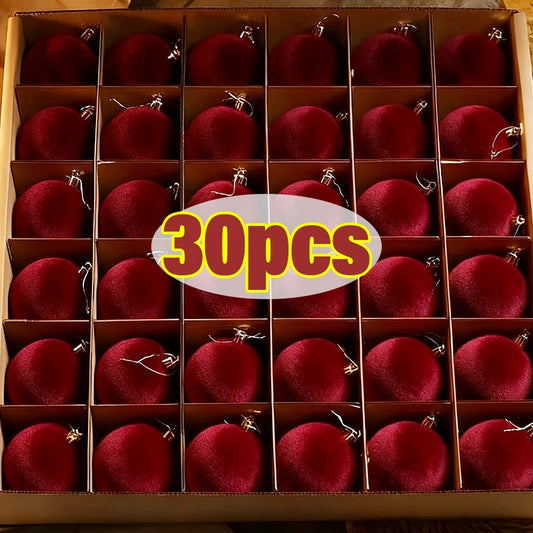 30/1Pcs Wine Red Flocked Xmas Balls Christmas Tree Ornaments Hanging Pendents Velvet Ball Festival Party Home Decor Supplies