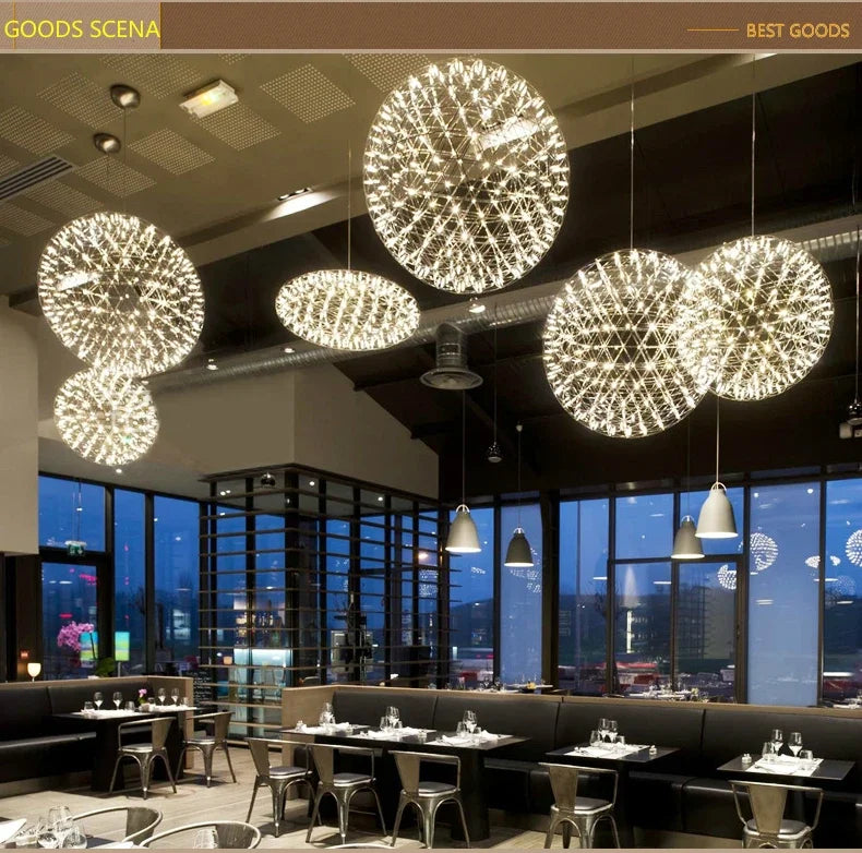 Modern Brief Loft Spark Ball LED Lights Chandelier Fixture Firework Ball Stainless Steel Pendant Lamp Home Deco Lighting 110-240