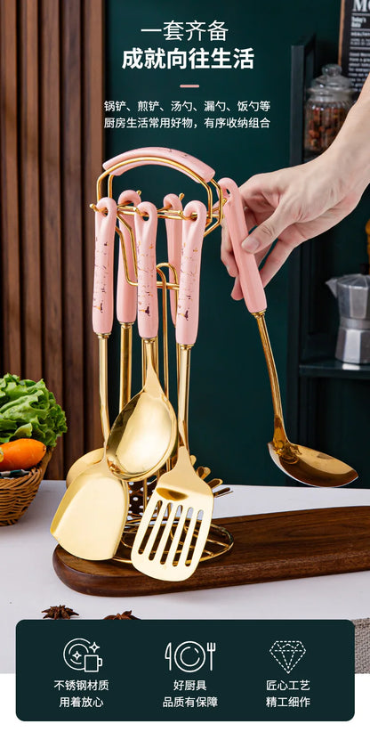 7pcs stainless steel spatula soup spoon kitchenware set cooking spatula kitchen supplies ceramic handle Nordic kitchen tools