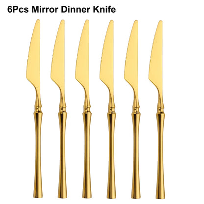 6/16/24Pcs Gold Tableware Stainless Steel 304 Cutlery Matte Dinner Set Western Knife Fork Spoon Mirror Elegant Flatware